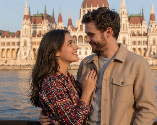 Happy couple with a Hungarian woman and Western man sharing a romantic moment in Budapest