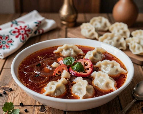 Traditional Ukrainian dishes including borsch and varenyky on a rustic table